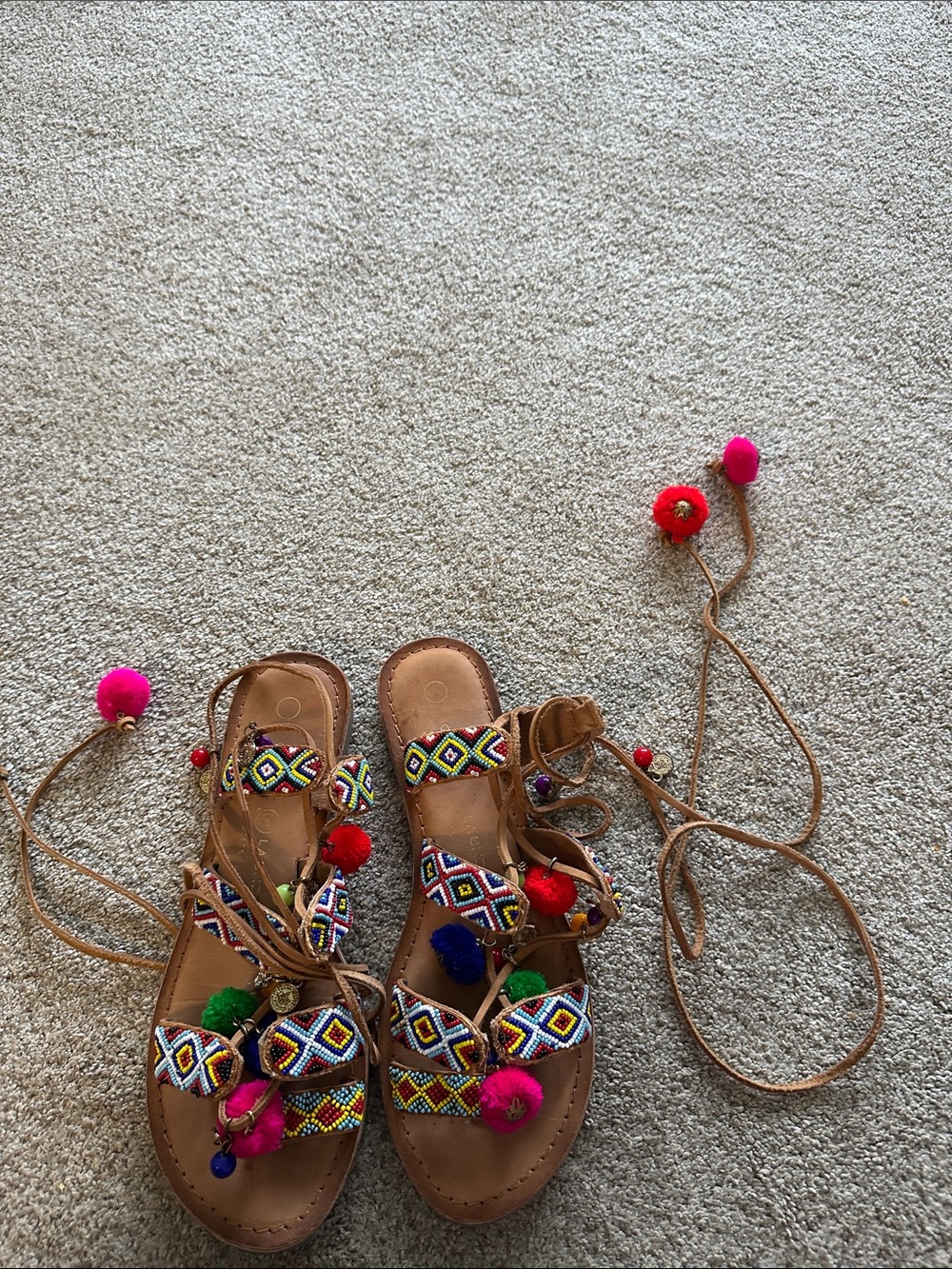 Bohemian Pom-Pom Lace-Up womens Sandals - Brown with Multicolor Beadwork size 8